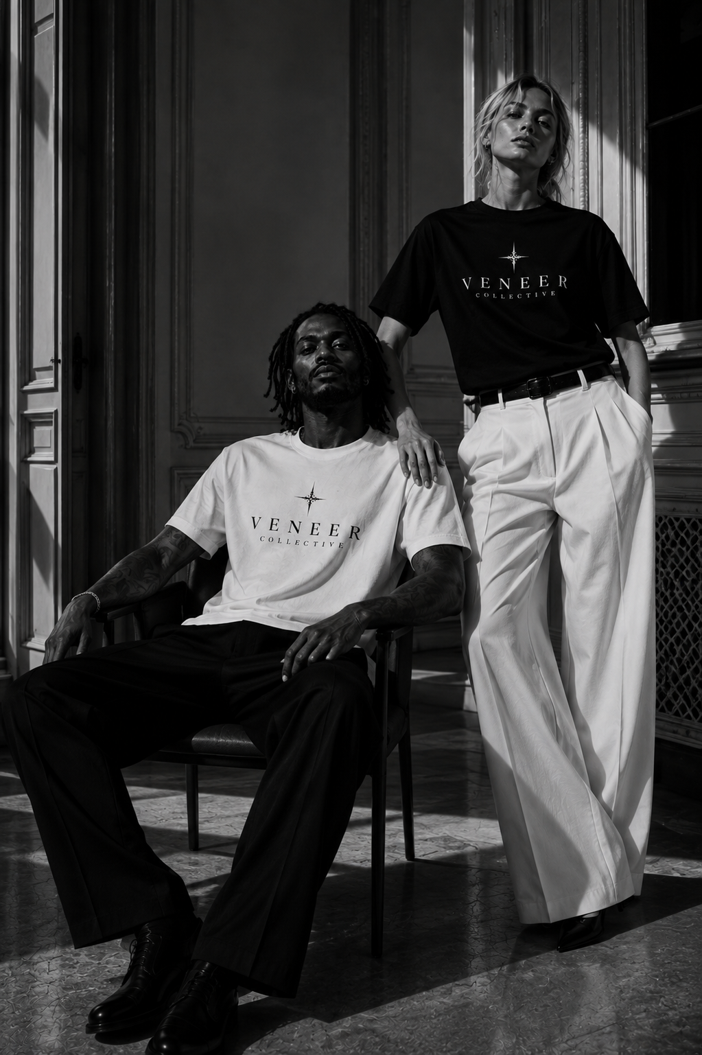 Two models wearing VENEER COLLECTIVE t-shirts in black and white