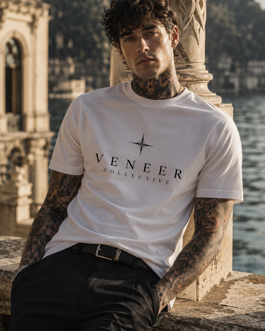 Veneer Collective — Chapter II campaign portrait, Mediterranean colonnade